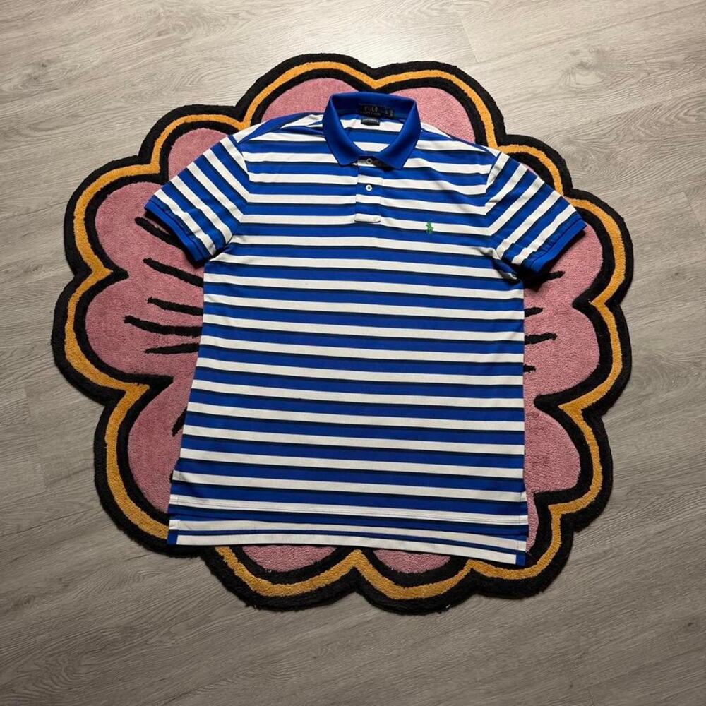 Polo Ralph Lauren Striped Embroidered Logo Polo Shirt Size Large Blue White